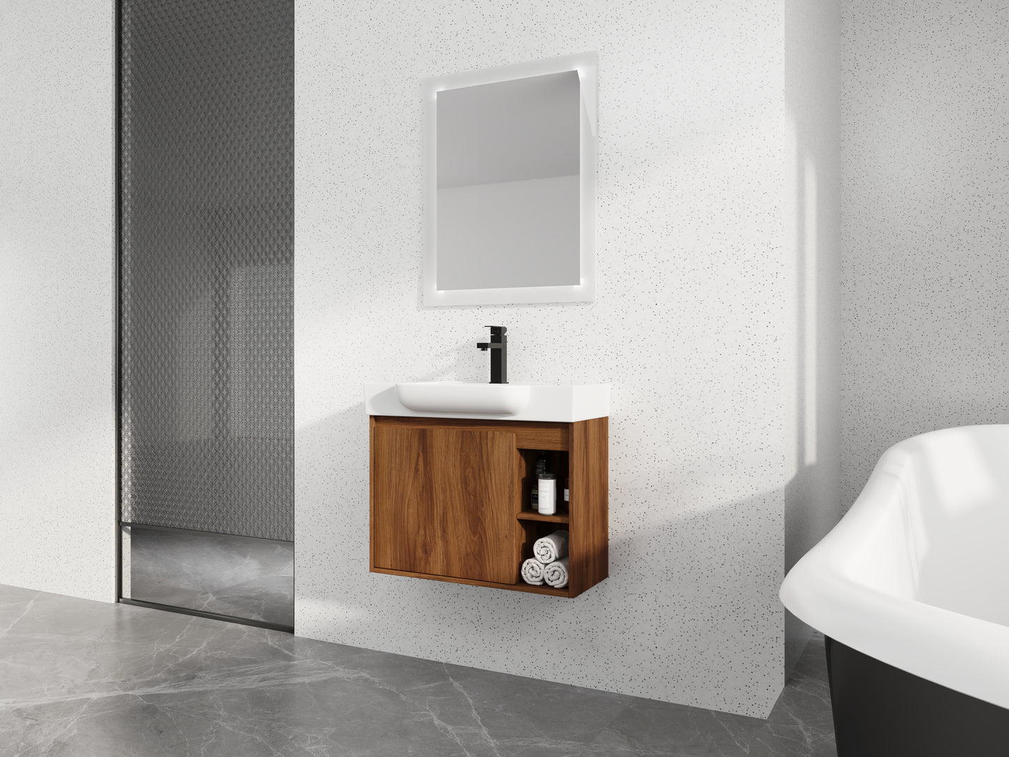 28   Wall-Mounted Bathroom Vanity With White Ceramic Sink & Soft-Close Door, KD-Packing