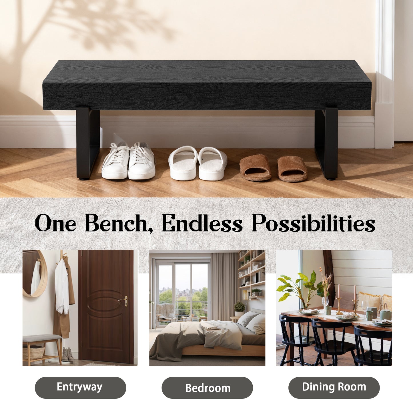 59  Wood Bench For Bedroom End Of Bed, Farmhouse Indoor Kitchen Table Benches,Versatile Modern Shoe Bench For Entryway, Black