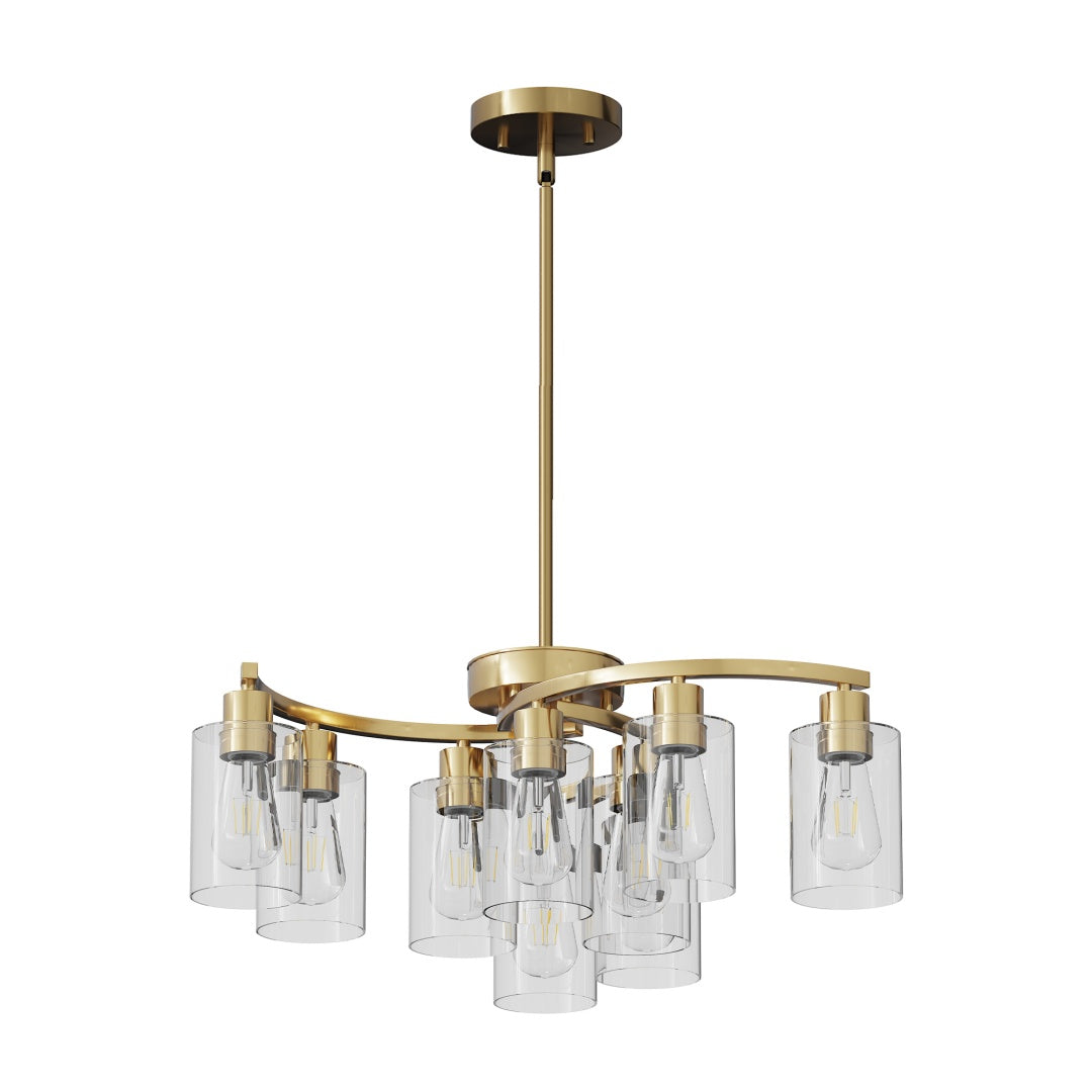 9-Light Gold Glass Chandelier, Adjustable Height Dining Room Light Fixtures Over Table, Contemporary Hanging Chandelier For Kitchen Island Living Room Foyer Office, Clear Glass Shade