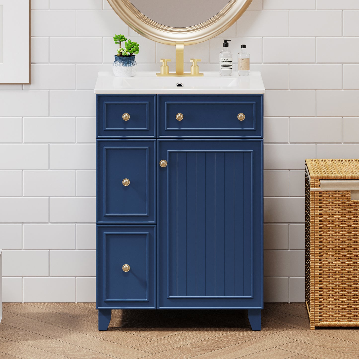 24-Inch Bathroom Vanity Cabinet With Ceramic Sink, 2 Drawers, 1 Door