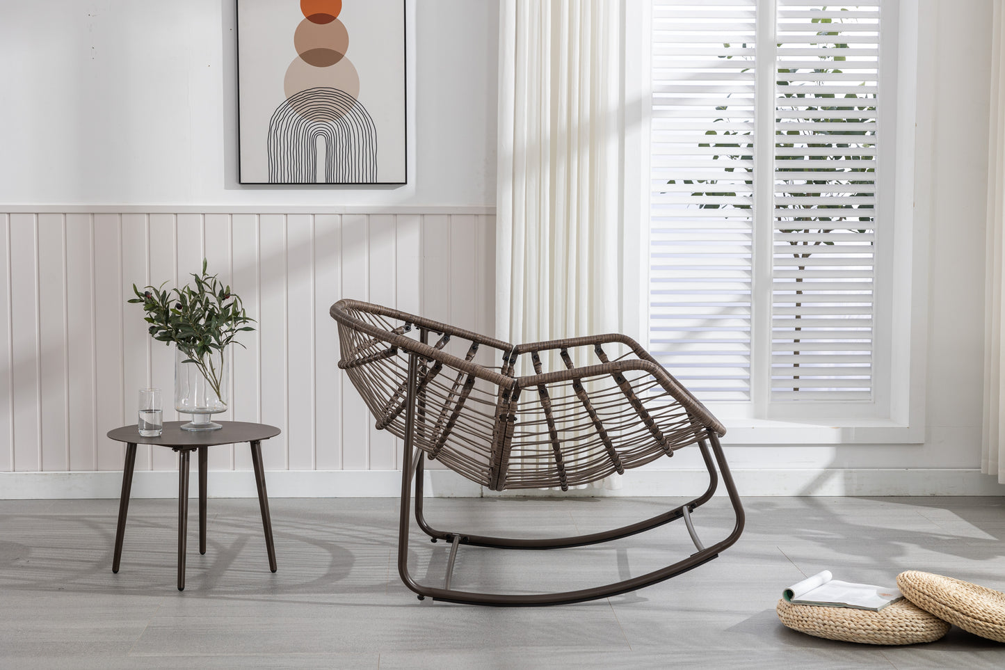 Outdoor Rattan Rocking Chair,Padded Cushion Rocker Recliner Chair Outdoor For Front Porch, Living Room, Patio, Garden, Grey