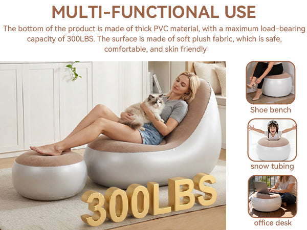 Inflatable Chair With Ottoman Flocked Water Proof Comfortable Blow Up Air Chair Brown