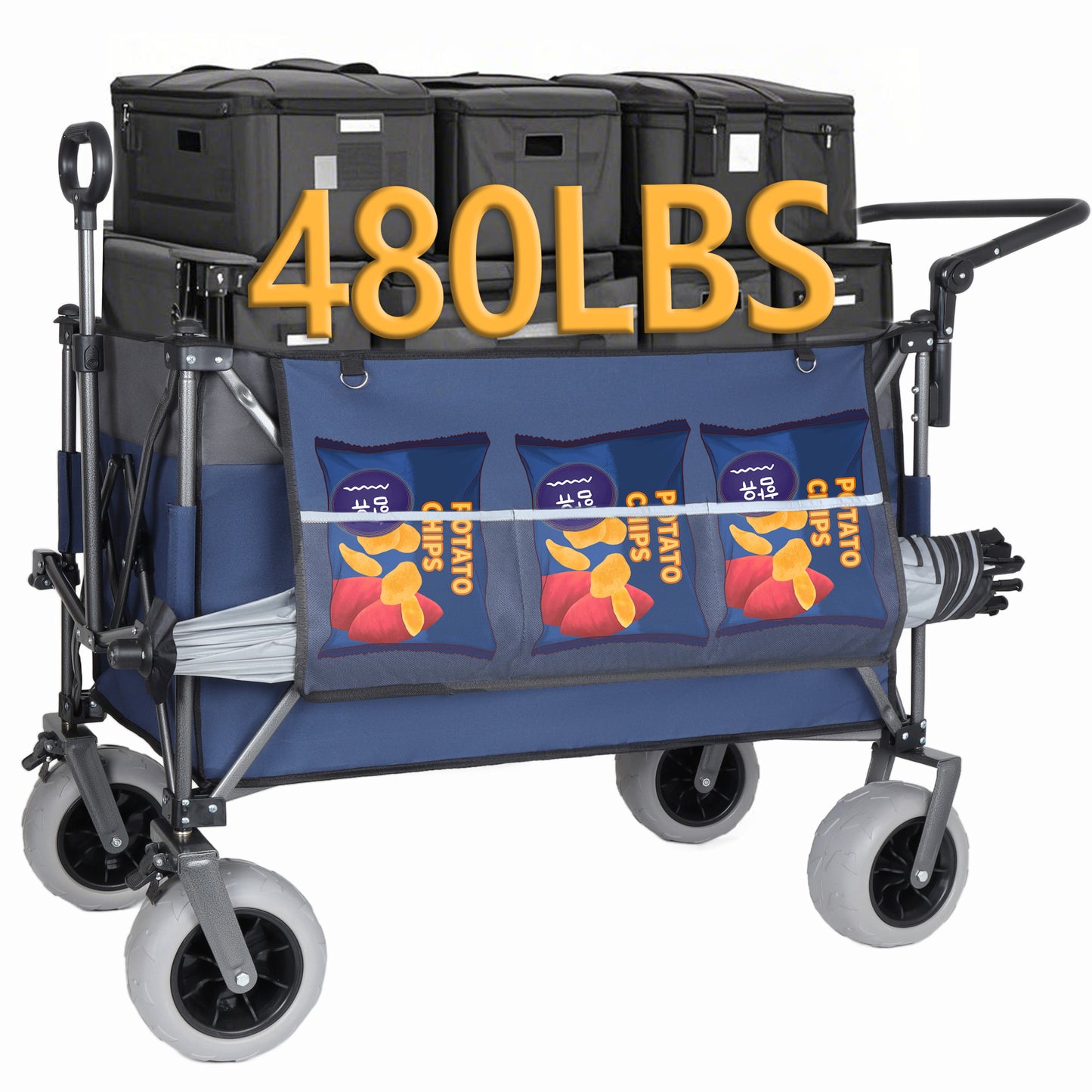 Multi- Functional Push- Pull Folding Wagon Cart With Rotating Handle & 9 X4  Beach Tires For Camping & Beach -300L XL Heavy- Duty  480lbs Load  Large Capacity For Transport  Groceries  And Outdoor Use
