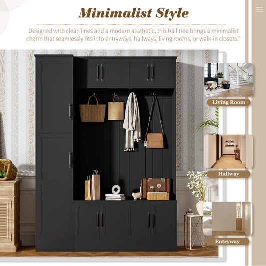 VIBE HAUS 79  Tall Modern Hall Tree With Shoe Storage, 4-in-1 Entryway Bench With 6 Cabinets, 4 Coat Hooks & Adjustable Shelf For Hallway, Living Room, Black