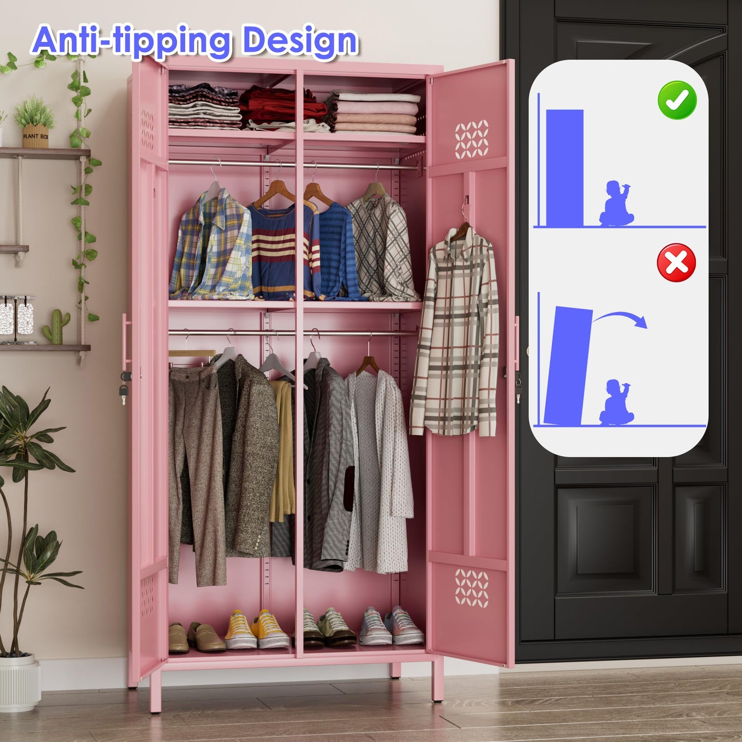 METAN 71inch Hx33.5inch Wx20inch D Metal Wardrobe Closet With Lock,Extra Deep 2 Doors Metal Wardrobe Cabinet For Home,Assembly Required,Pink