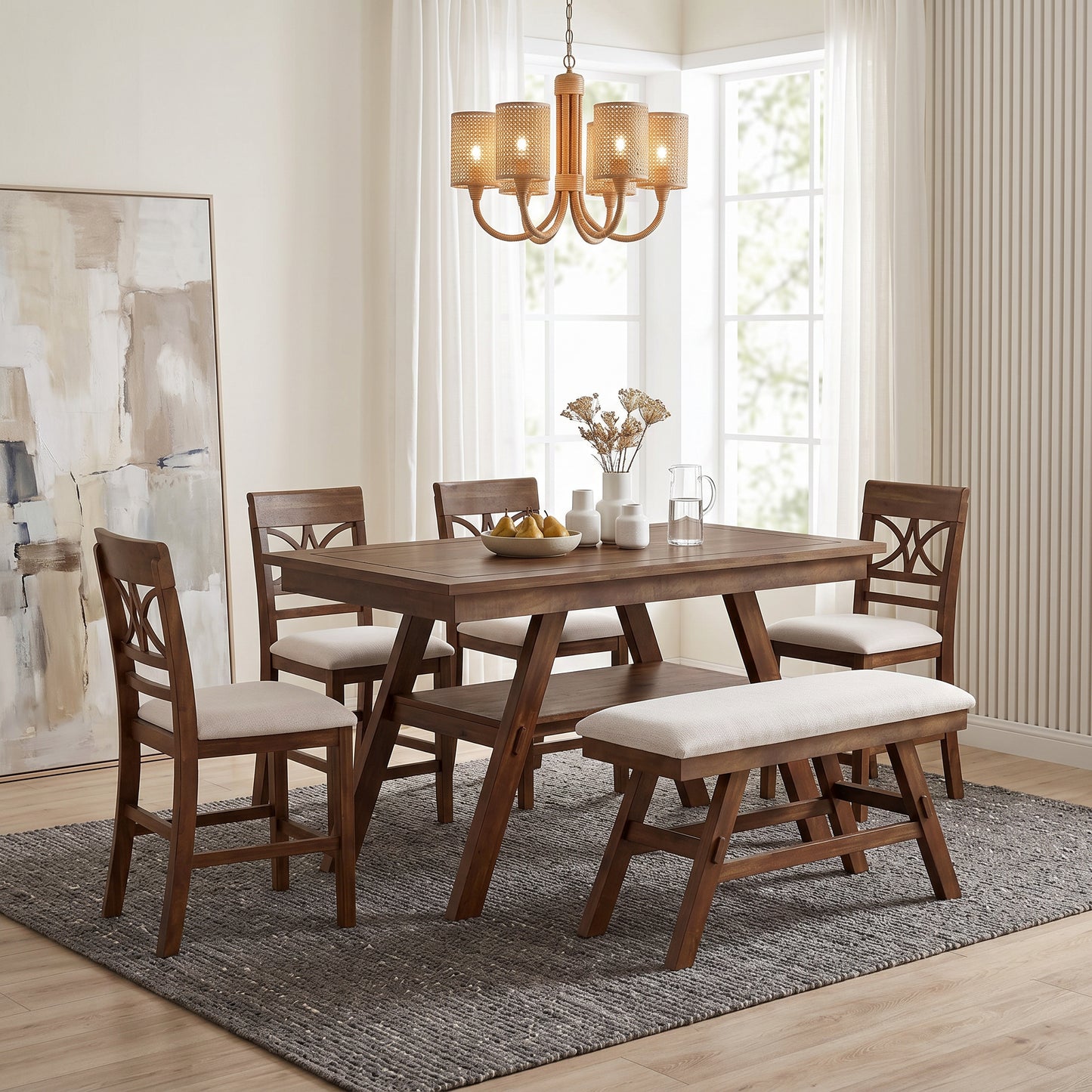 TOPMAX 6-Piece Wood Counter Height Dining Table Set With Storage Shelf, Kitchen Table Set With Bench And 4 Chairs,Rustic Style, Walnut Beige Cushion  Old Sku N717S000257AAD