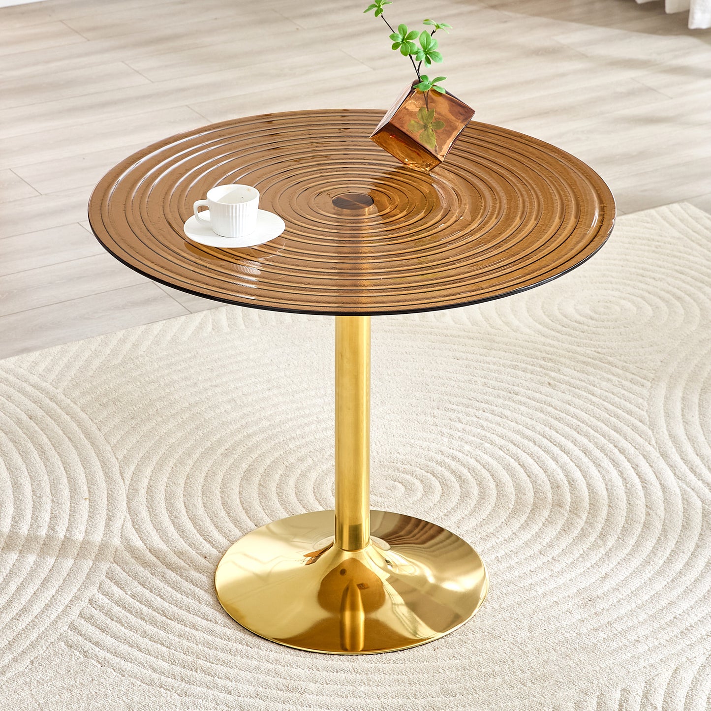 35 Inch Diameter, Light Luxury Brown Ring Glass Round Table. Golden Metal Pillar. Negotiation Table, Household Coffee Table, Dining Table. Suitable For Small Dining Spaces Of 2-4 People.