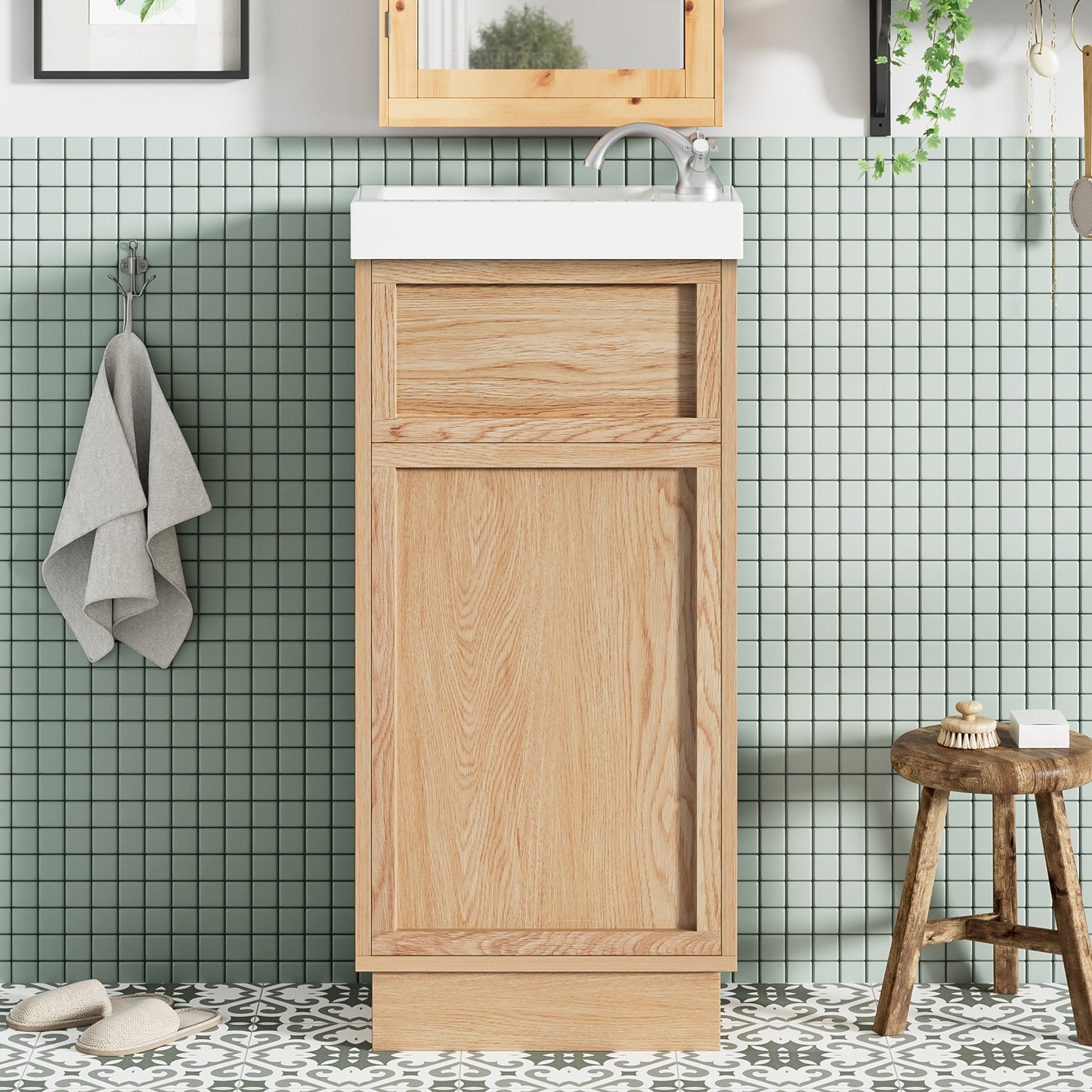 15.75  Bathroom Vanity With Reversible Resin Sink, MDF Cabinet With Adjustable Shelf And Push-to-Open Door, Wood Grain Melamine Finish, Reversible Door, Rustic Style For Small Spaces