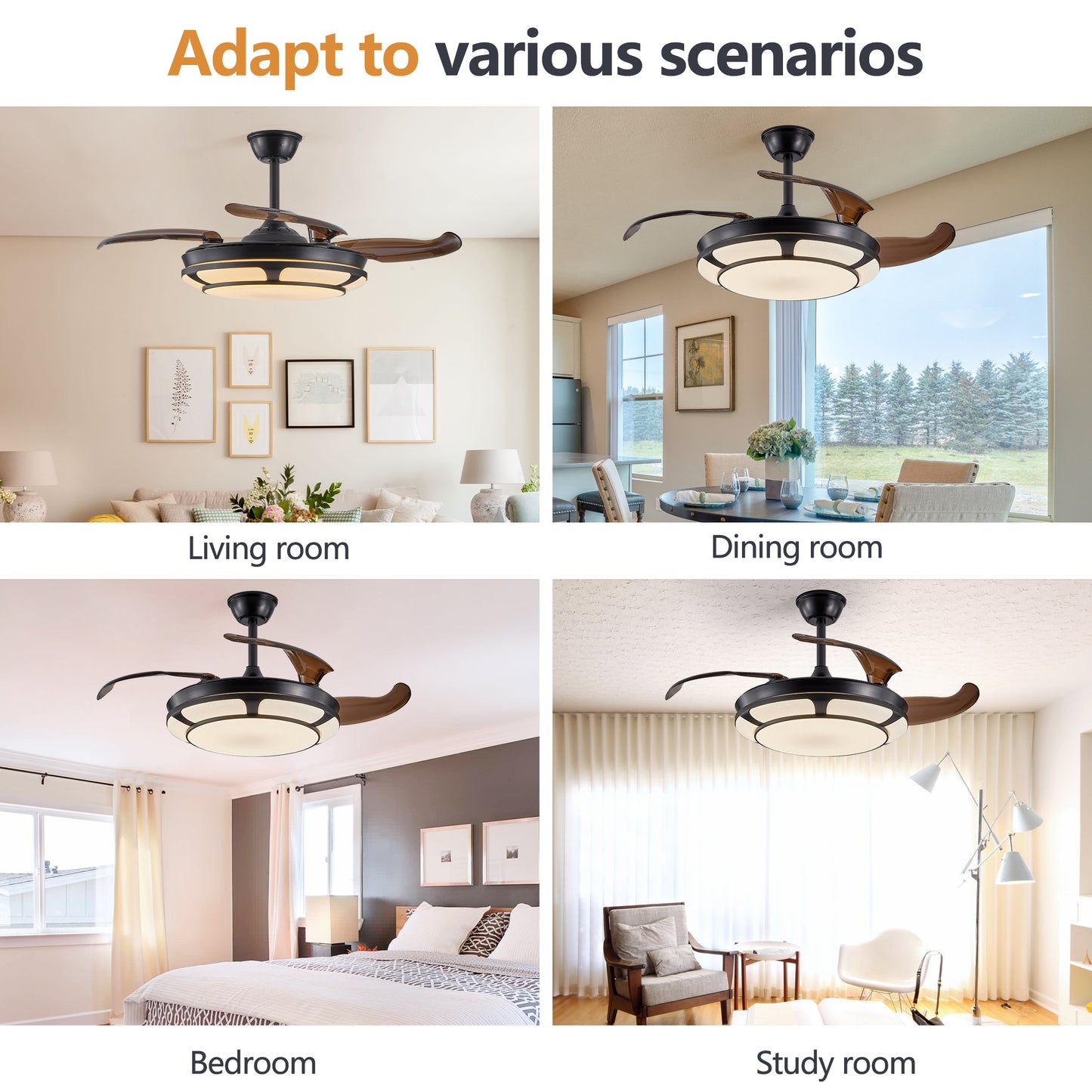 42 Retractable Ceiling Fan With Light, Modern LED Chandelier Fan With Remote Control, 6 Speed Adjustable Blades, Quiet DC Motor, Dimmable Lighting For Living Room, Bedroom, Dining Room