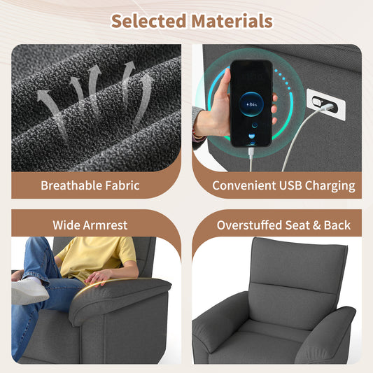 Wall Hugger Recliner,Zero Wall Power Recliner Chair,Electric Recliner For Living Room,Fabric Reclining Armchair For Small Space,Reclining Sofa For Bedroom Apartment RV,USB Port Type-C Dark Gray