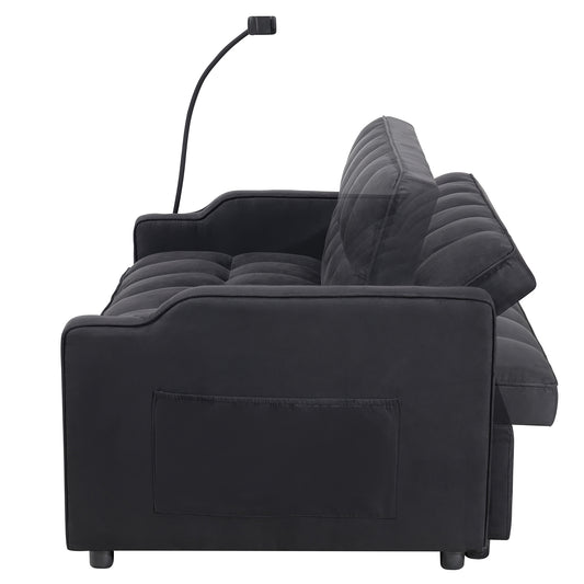 1 Multifunctional Foldable Sofa Bed With 3 Different Lengths, Modern Sofa, Upgraded Suede Fabric, Adjustable Backrest, Black Color With USB Port And Rotating Telephone Stand