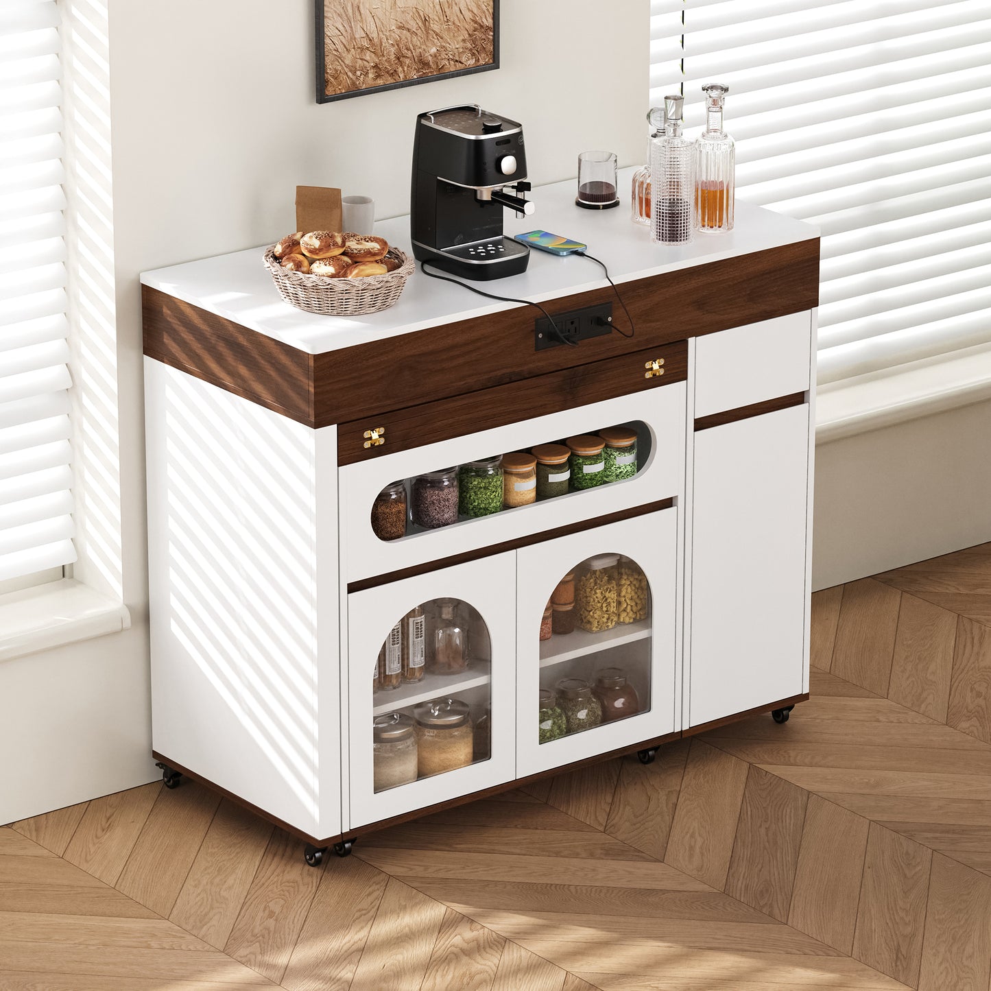 TREXM Extendable Dining Table With Extra-Long Folding Top  Rolling Kitchen Island With Drawers  Power Outlet And Brake Lock  Storage Cabinet For Kitchen And Dining Room  Walnut   Creamy White