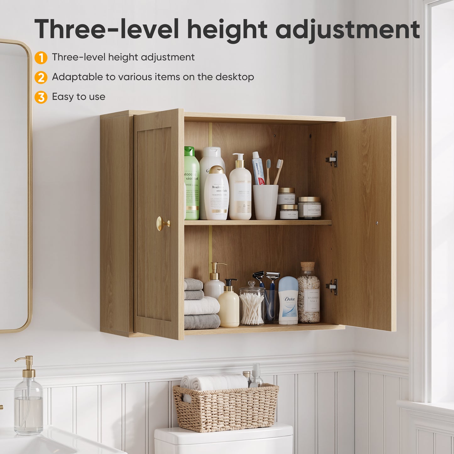 Wall-Mounted Bathroom Cabinet, Double-Door Medicine Cabinet With Vertical Grooved Design,Wall-Mounted Storage Cabinet For Bathrooms, Restrooms, And Hallways Oak