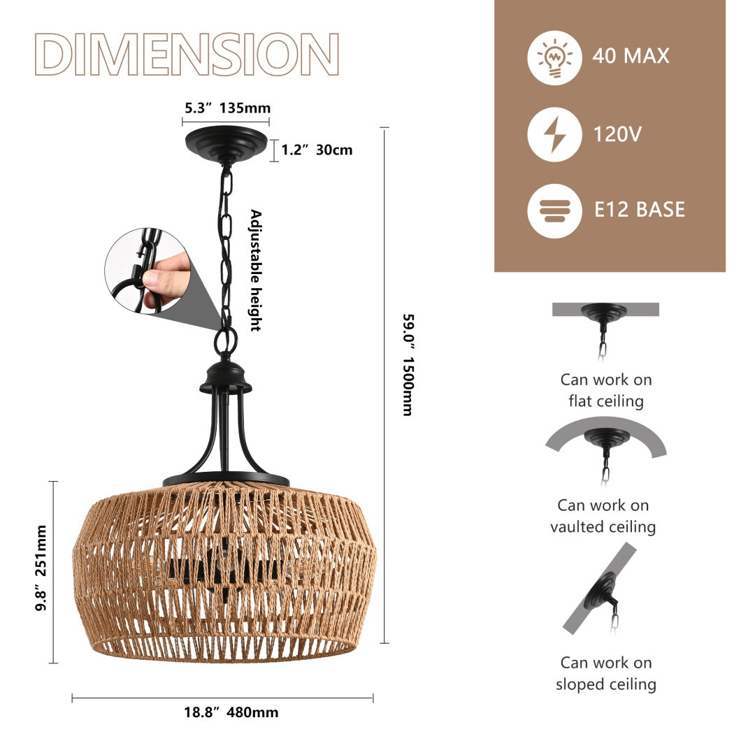 19  Boho Hemp Rope Pendant Light, Hand-Woven Jute Hanging Lamp With Adjustable Chain, Natural Rope Shade Ceiling Light Fixture For Kitchen Island, Dining Room, Or Entryway   Bulb Not Included