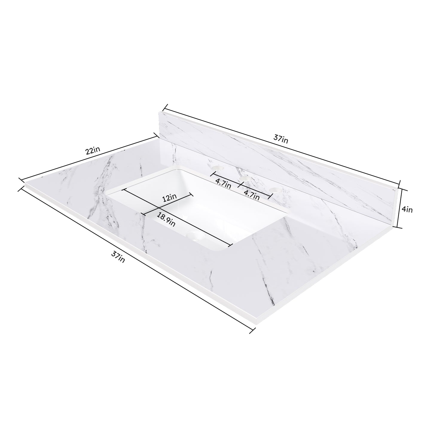 37 Inch Marble Vanity Top  White Vanity Top With 3 Pre-drilled Faucet Holes  Bathroom Vanity Top With Undermount Rectangular Middle Sink And 4 Height Backsplash   Bianco Carrara Venato