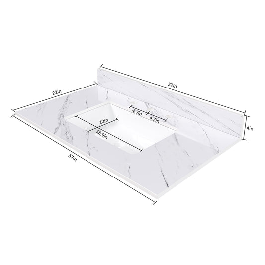 37 Inch Marble Vanity Top  White Vanity Top With 3 Pre-drilled Faucet Holes  Bathroom Vanity Top With Undermount Rectangular Middle Sink And 4 Height Backsplash   Bianco Carrara Venato
