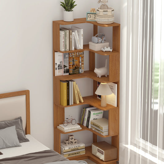 6 Tier Freestanding L-Shaped Corner Bookshelf For Living Room, Bedroom, Wooden Bookcase With Anti-drop Panle And Anti Tipping Device, Display Shelf Open Storage Rack Organizer For Home Office DARK OAK