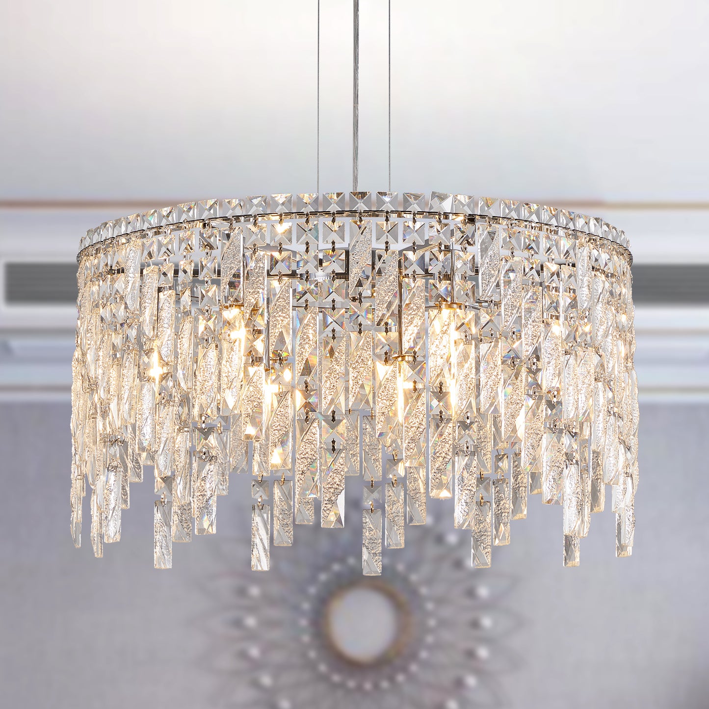 L5024-600-C 24 Luxurious Round Silver Crystal Chandelier, Contemporary Rectangular Pendant Light For Dining Room, Living Room, And Grand Foyers Bulbs Not Included