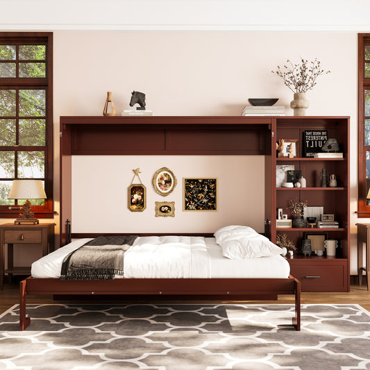 Queen Size Murphy Bed With Height Adjustable Storage Compartments And Shelf, Wall Bed Frame With 1 Drawer, Multifunctional Foldable Platform Bed For Bedroom,Guest Room, Walnut OLD SKU N733S309223D
