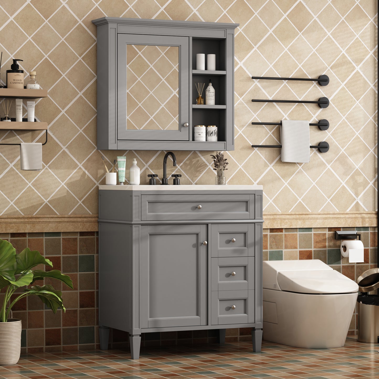 30   Bathroom Vanity With Top Sink, Modern Bathroom Storage Cabinet With 2 Drawers And A Tip-out Drawer, Freestanding Vanity Set With Mirror Cabinet, Single Sink Bathroom Vanity