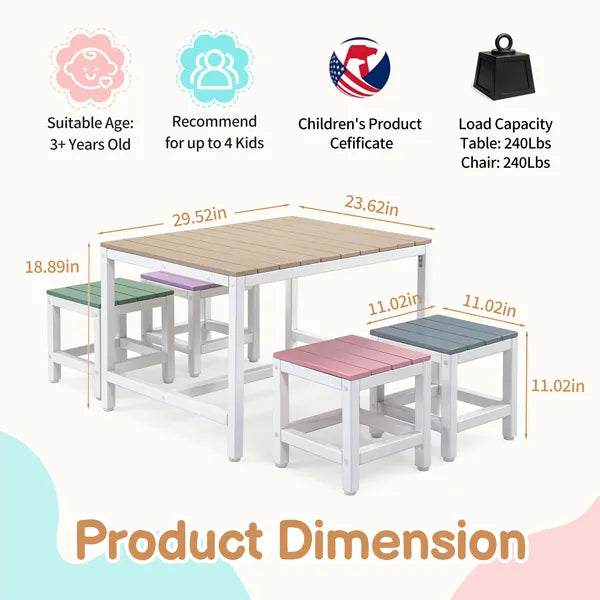 5-piece Children's Patio Table And Chair Set - 1 Table & 4 Stools, 29.5 Inches, Khaki, Pink, Purple, Blue, And Green Color Blocking, Made Of Poplar Wood