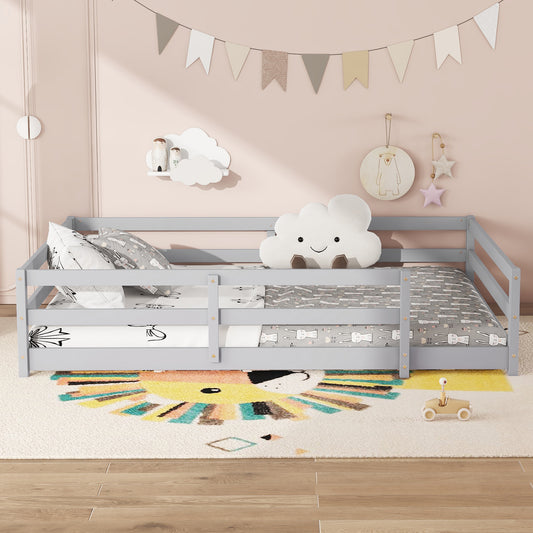 Full Size Floor Bed, Montessori Floor Bed With Fence, Kids Montessori Bed Full Size, Wood Montessori Floor Bed For Kids, Girls, Boys,GRAY.