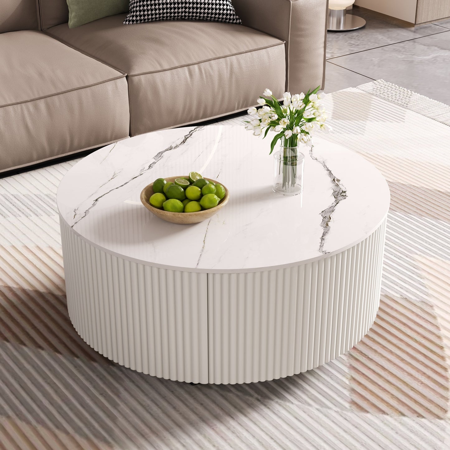 Modern Round Movable Coffee Table With Casters, 2 Drawers, Marble Pattern Sintered Stone Top, White, 29.5
