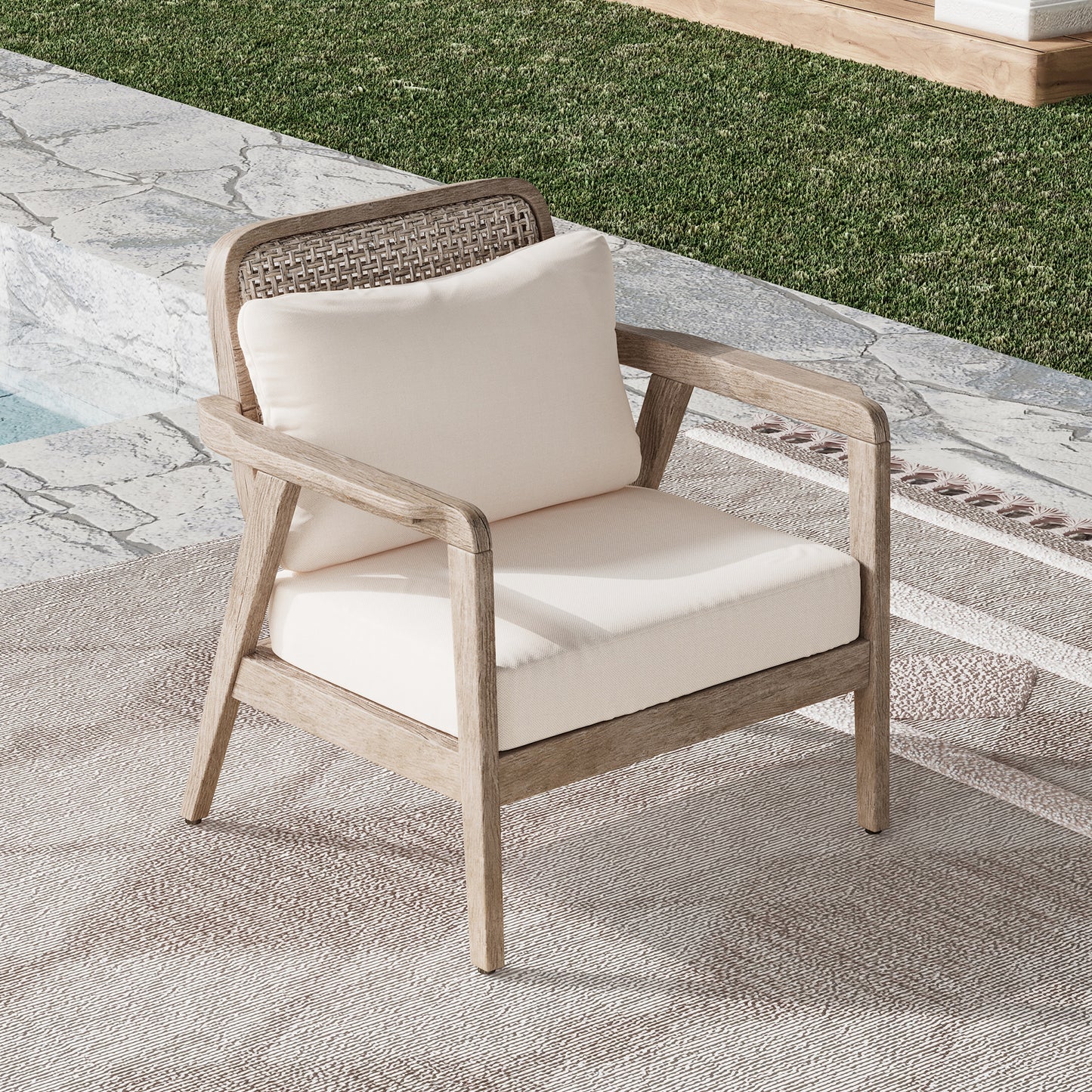 Outdoor Acacia Wood Patio Club Chair, Patio Furniture,Waterproof Thick Cushion Deep Seating For Porch, Garden, Backyard, Balcony, Weight Capacity 400lbs, Light Brown Finish, Cream Cushion