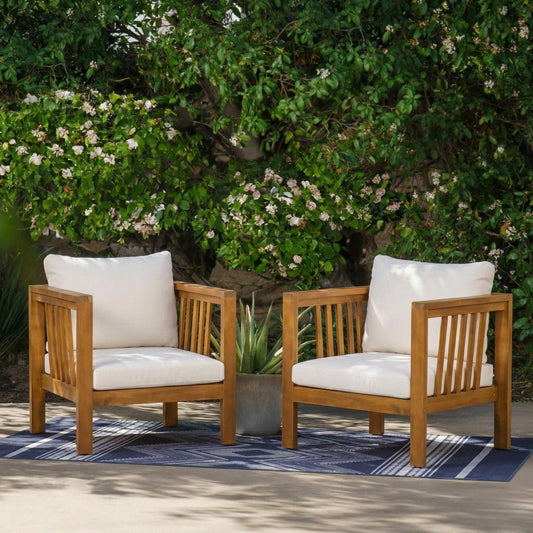Set Of 2 Outdoor Acacia Wood Club Chairs With Modern Square Arms, 2-Piece Patio Conversation Set With Thick Cushions, Adjustable Leveling Feet For Poolside, Deck, Beige Cushions