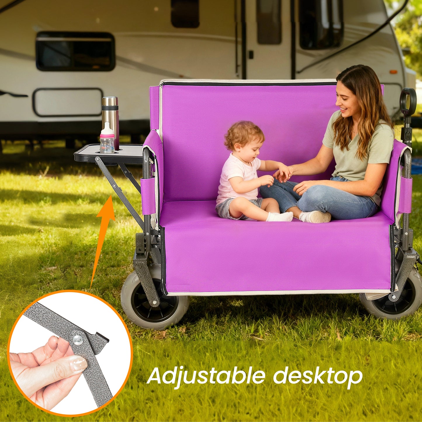 3- In- 1 Collapsible Wagon Converts To Bench Convertible Folding Wagon Cart With Canopy &Rear- Mounted Folding Tabletop  500lbs Heavy- Duty  180L Capacity For Camping  Beach  Garden  Fishing- Purple