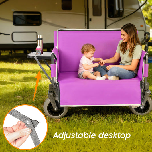 3- In- 1 Collapsible Wagon Converts To Bench Convertible Folding Wagon Cart With Canopy &Rear- Mounted Folding Tabletop  500lbs Heavy- Duty  180L Capacity For Camping  Beach  Garden  Fishing- Purple