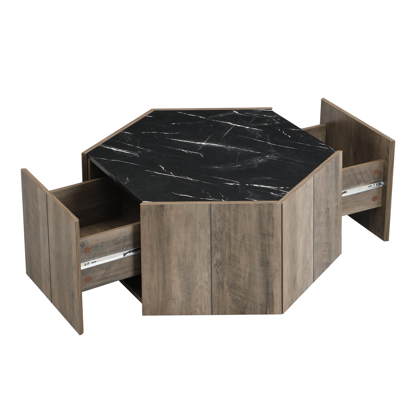 Hexagonal Rustic Retro Wood Coffee Table, With 2 Hidden Drawers, Textured Black Marble Tops, Light Brown Oak Finish - Perfect For Living Room & Reception Areas