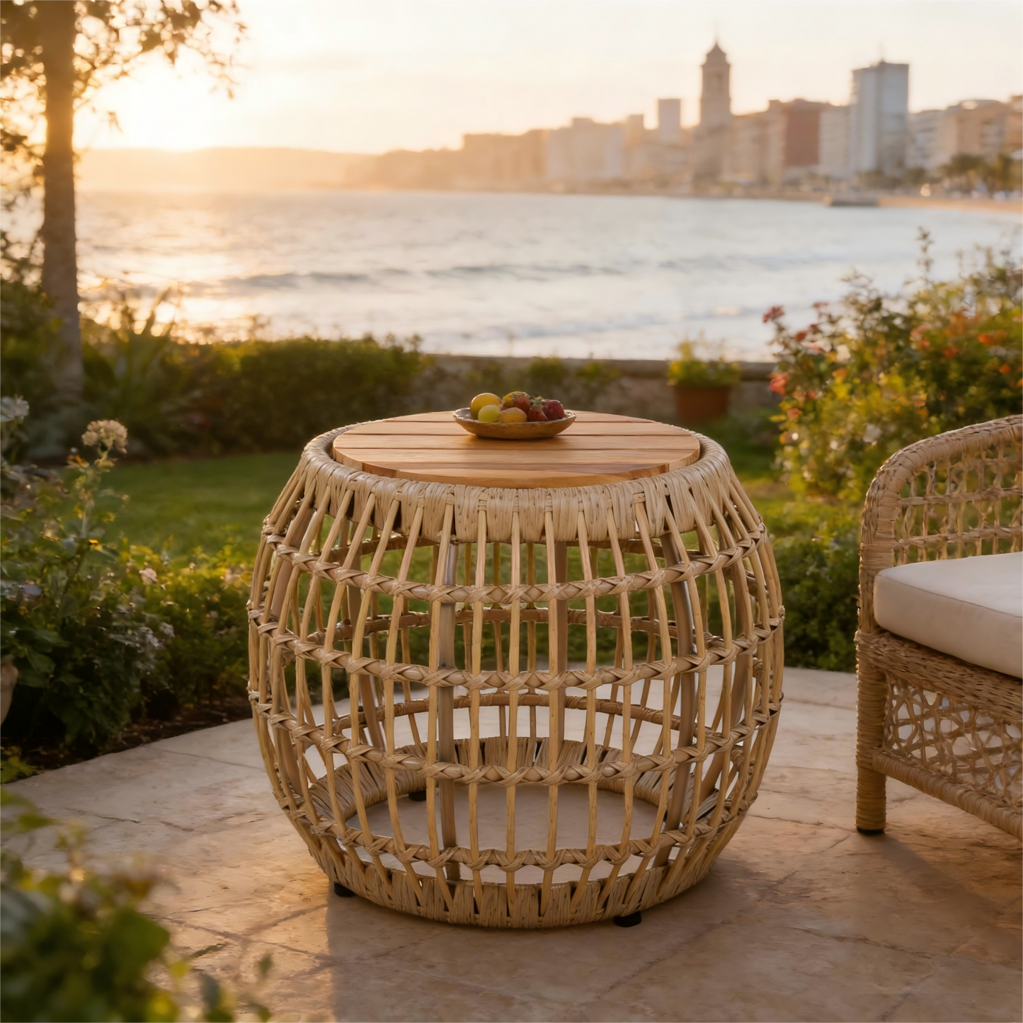Acacia Wood Outdoor Side Table With Wicker Base - Light Brown, Round 16.15  Outdoor Accent For Patio, Garden, Balcony & Indoor Use