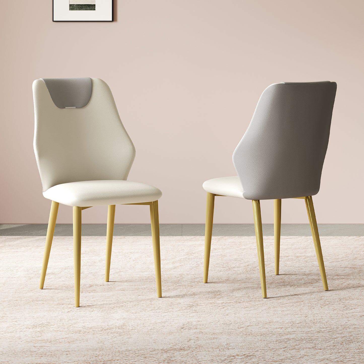 Set Of 2 Dining Chairs, High-quality PU Leather Seats, With Gold-plated Painted Carbon Steel Legs And Ergonomic Backrests, Suitable For Kitchen, Dining Room And Living Room  Miller White  Gray