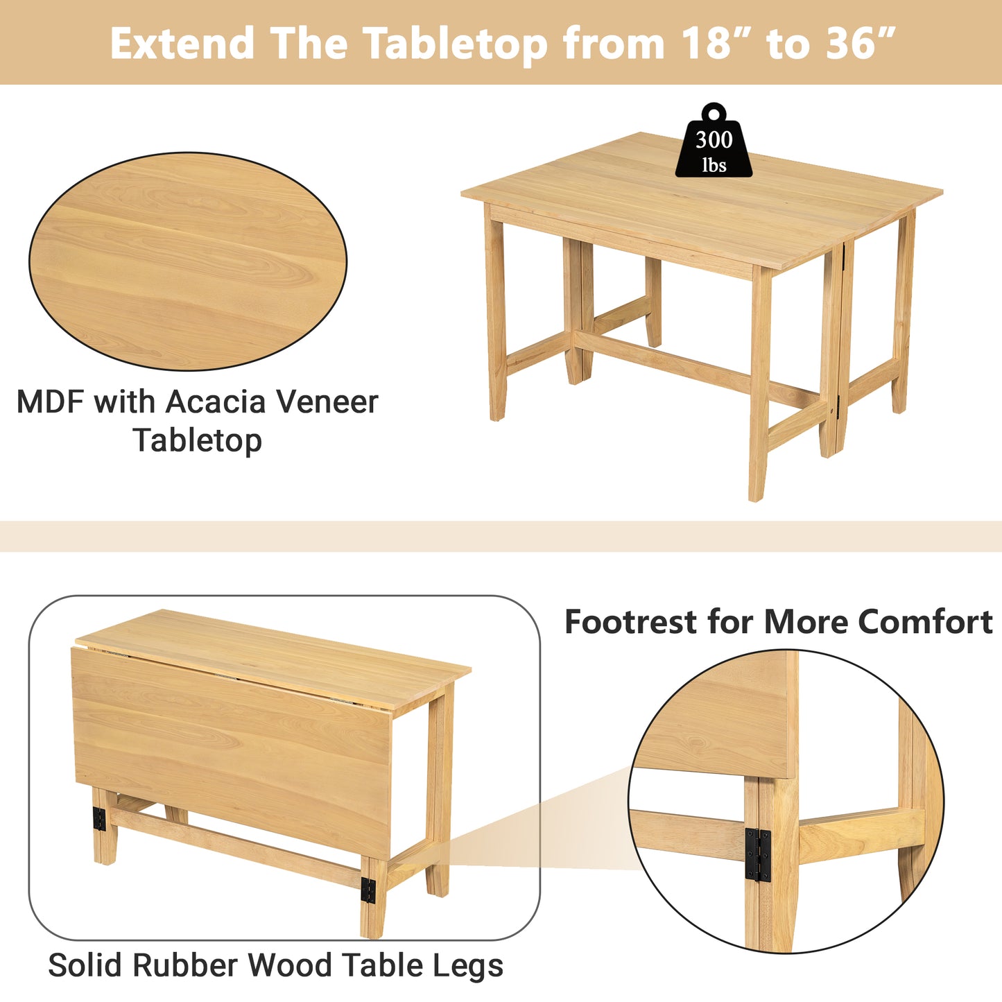 TOPMAx Farmhouse Wood Extendable Dining Table With Drop Leaf For Small Places  Natural