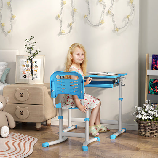 Height Adjustable Kids Desk And Chairs Set With Tilt Desktop, Storage Drawer, Pen Slot, Hook, Blue