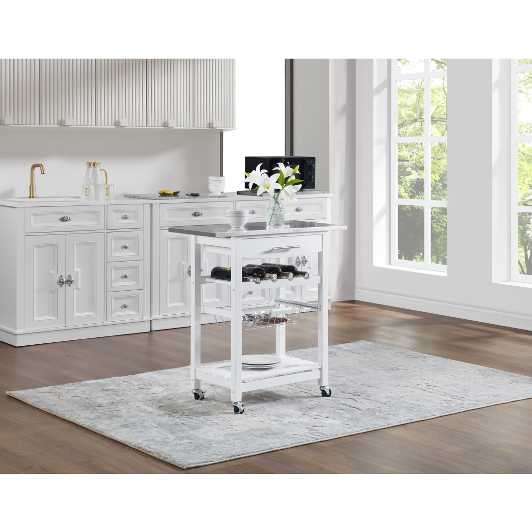 Mobile Rolling Kitchen Island Trolley Serving Cart With Underneath Drawer & Slide-Out Wire Storage Basket