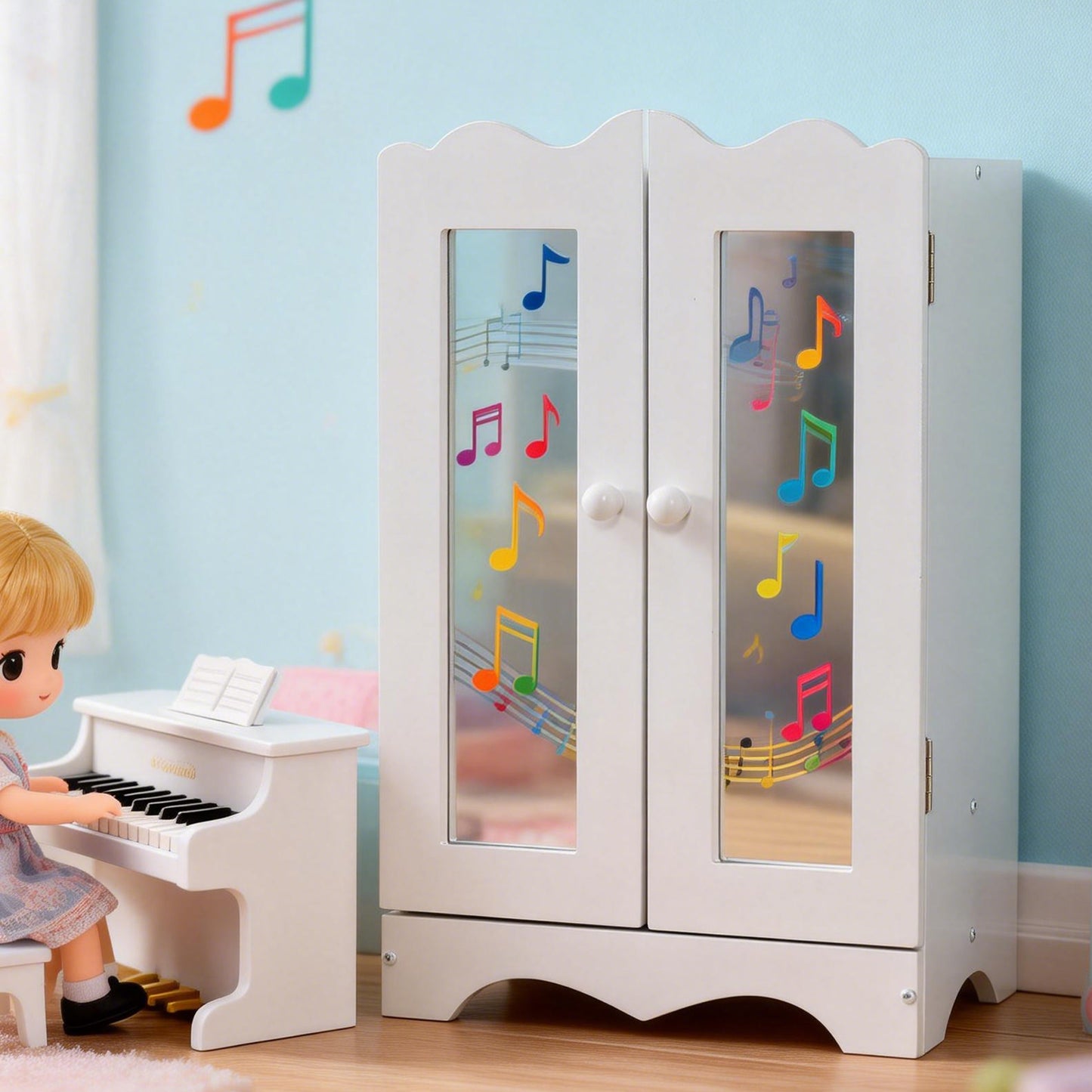 Wooden Baby Doll Closet With Mirror 6 Hangers 18 Inch Doll Clothes Storage Furniture Wardrobe For Over 3 Years Kids White