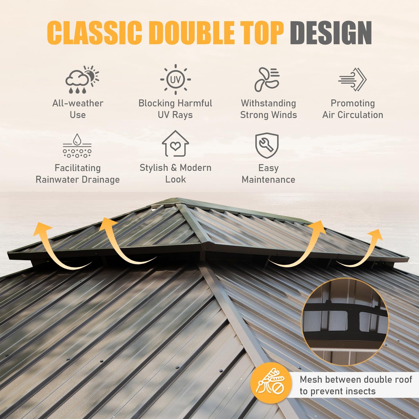 14x20FT Hardtop Gazebo, Permanent Metal Gazebo With Galvanized Steel Double Roof And Aluminum Frame, Curtain And Netting, Large Pavilion Gazebo For Patio Deck Garden