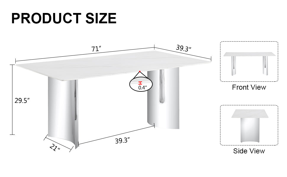 Modern Minimalist Dining Table. The White Imitation Marble Glass Desktop Is Equipped With Silver Metal Legs. Suitable For Restaurants And Living Rooms  71inx39.3inx29.5in DT-69.W1151S00386