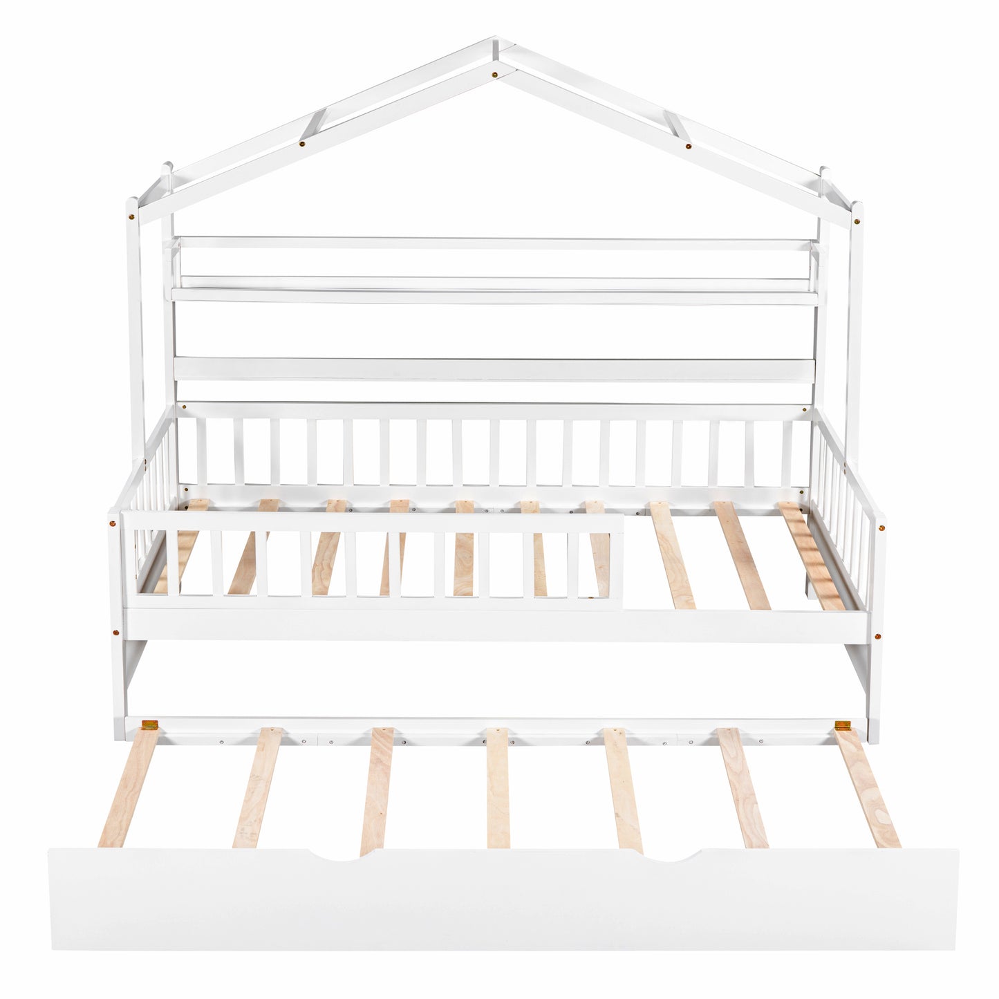Wooden Twin Size House Bed With Trundle,Kids Bed With Shelf, White Old SKU WF301682AAK