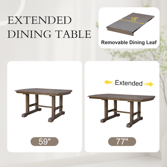59 -77  Extendable Dining Table, Farmhouse Wooden Kitchen Table With Removable Leaf, Large Expanding Table For 4-8  Brown