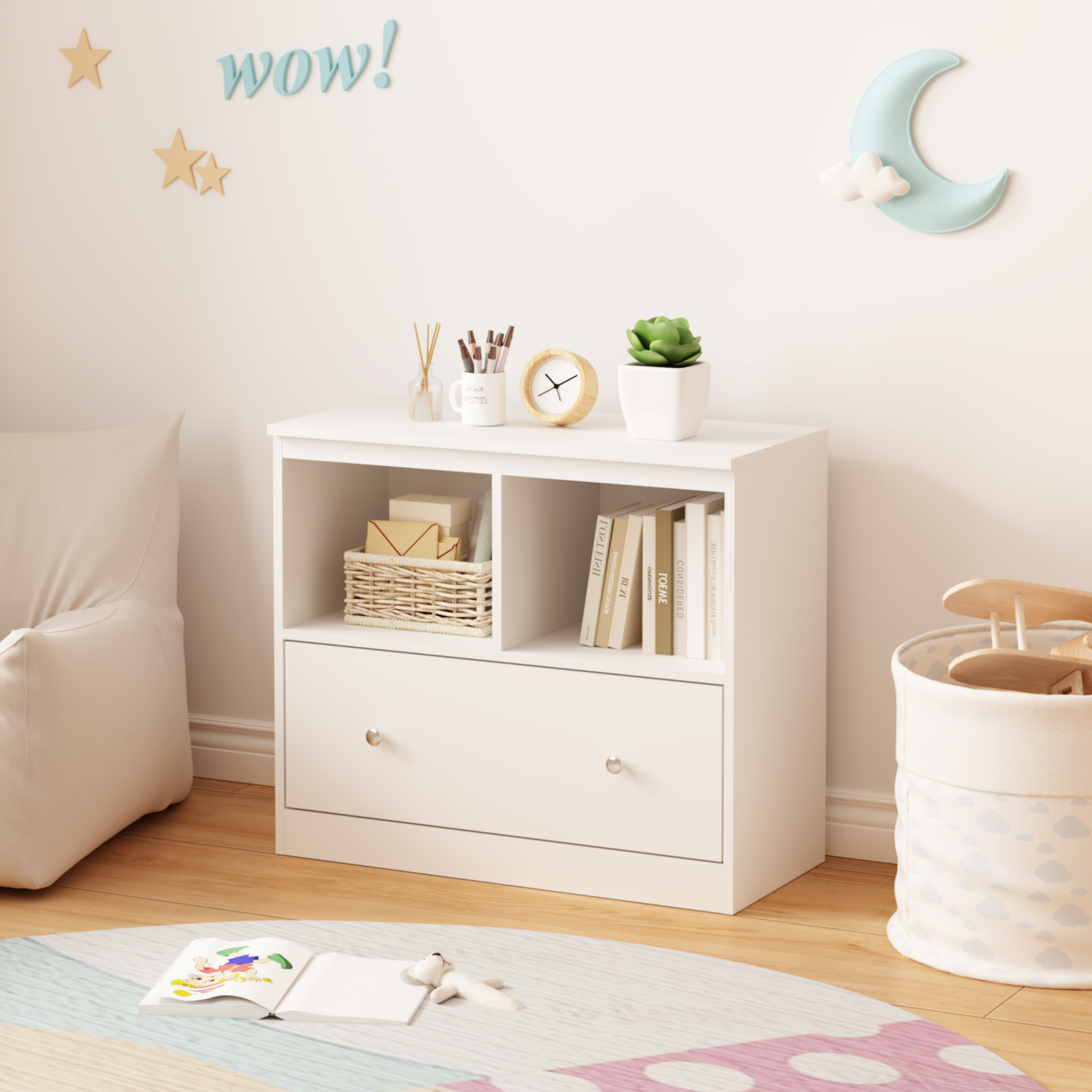 Kids Toy Storage Organizer With Large Drawer, Low Bookshelf For Nursery & Playroom, Wooden Kids Cabinet For Books And Toys, White