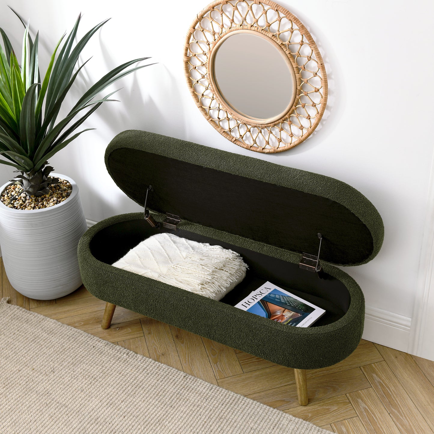Ottoman Oval Storage Bench,Rubber Wood Legs, Green 43.5 X16 X16