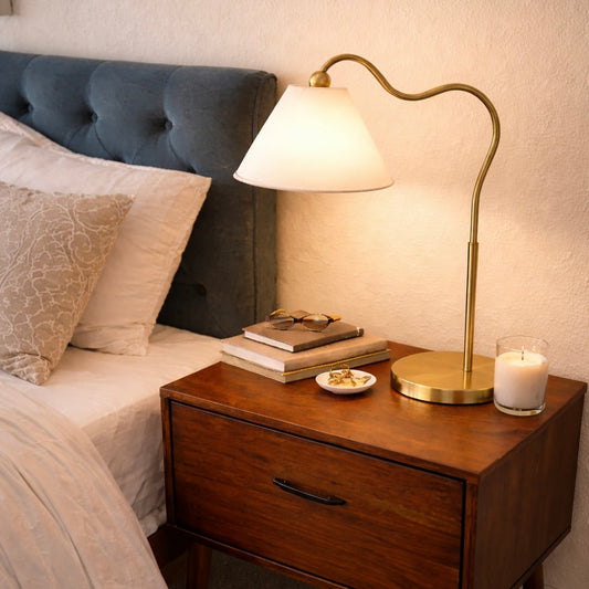 Ornate Brass Ring Base Curved Table Lamp With Triangle White Drum Shade, Gold, Metal, 18.25 X 9.50 X 22.00 Inches