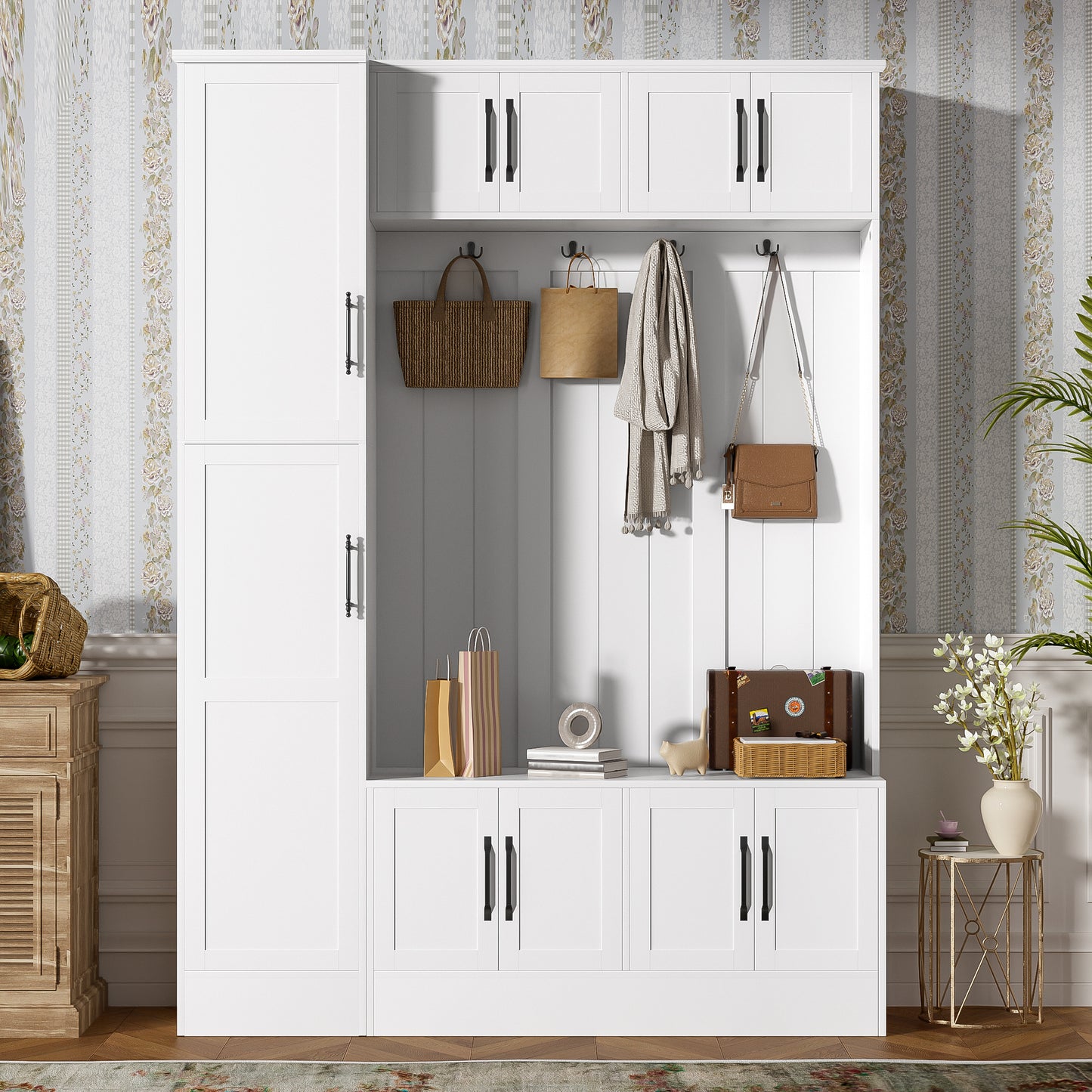 VIBE HAUS 79  Tall Modern Hall Tree With Shoe Storage, 4-in-1 Entryway Bench With 6 Cabinets, 4 Coat Hooks & Adjustable Shelf For Hallway, Living Room, White