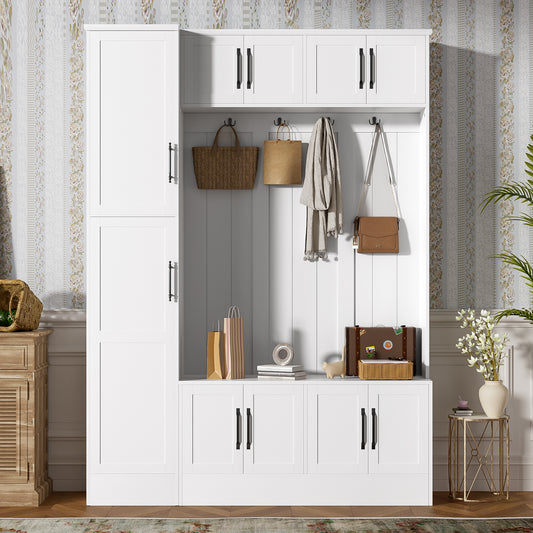 VIBE HAUS 79  Tall Modern Hall Tree With Shoe Storage, 4-in-1 Entryway Bench With 6 Cabinets, 4 Coat Hooks & Adjustable Shelf For Hallway, Living Room, White
