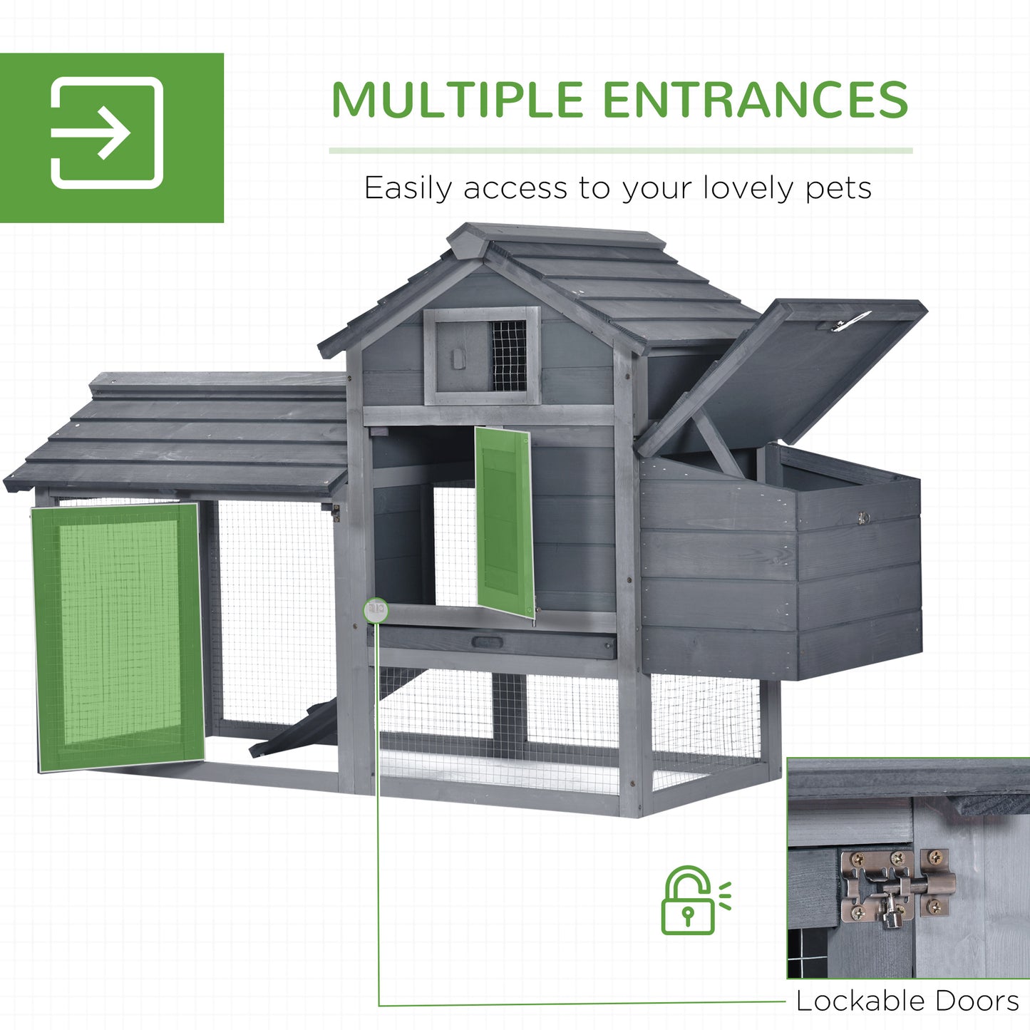 PawHut 59 Small Wooden Chicken Coop Hen House Poultry Cage For Outdoor Backyard With 2 Doors, Nesting Box And Removable Tray, Gray