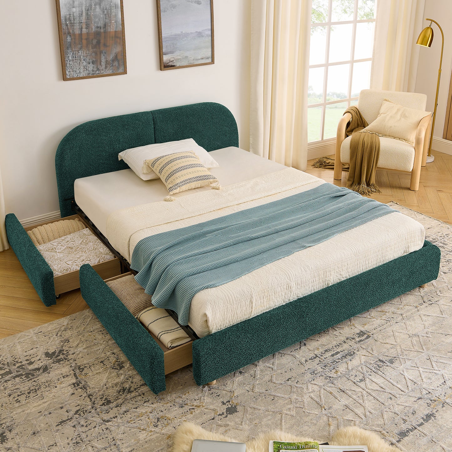 Queen Size Upholstered Bed Frame Modern Minimalist Style - Circle Yarn Fabric, Tall Curved Headboard, Sturdy Leg Support & Wheeled Drawer Storage, Mattress Not Included -Green
