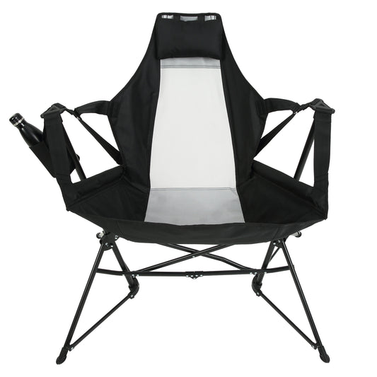 Hammock Camping Chair, Folding Portable Rocking Chair, Aluminum Alloy Adjustable Back Swinging Chair With Pillow Cup Holder, Recliner With Carry Bag For Outdoor Travel Lawn Backyard, Black   2pcs